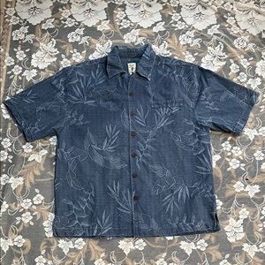 Jamaica Jaxx Navy Blue 100% Silk Tropical Hawaiian Casual SS Button Up Shirt